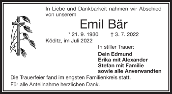 Traueranzeige von Emil Bär von Frankenpost