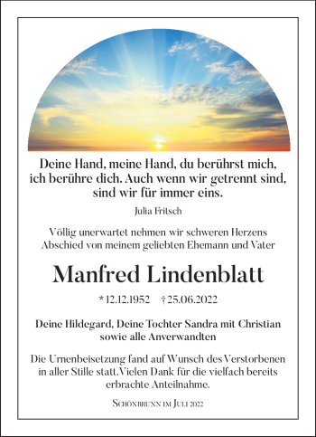 Traueranzeige von Manfred Lindenblatt von Frankenpost