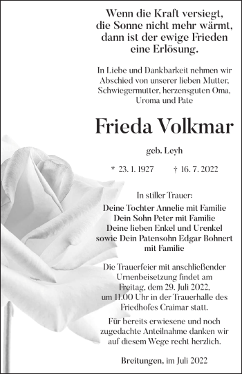 Traueranzeige von Frieda Volkmar von Südthüringer Presse