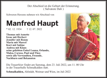Traueranzeige von Manfred Haupt von Südthüringer Presse