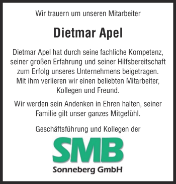 Traueranzeige von Dietmar Apel von Südthüringer Presse