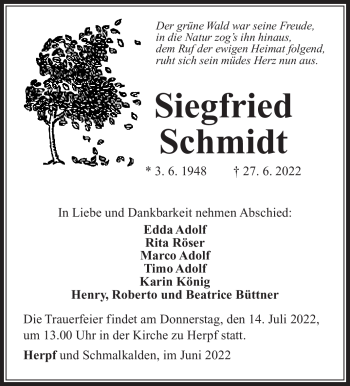 Traueranzeige von Siegfried Schmidt von Südthüringer Presse