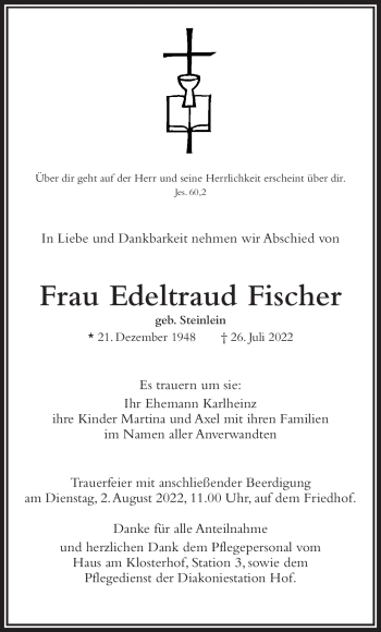 Traueranzeige von Edeltraud Fischer von Frankenpost