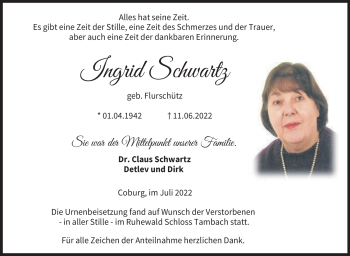Traueranzeige von Ingrid Schwartz von Neue Presse Coburg