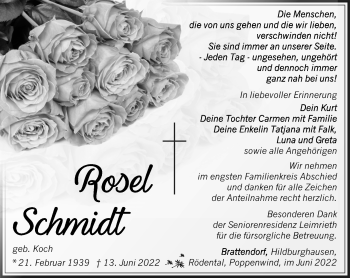 Traueranzeige von Rosel Schmidt von Südthüringer Presse