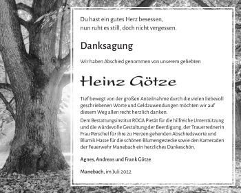 Traueranzeige von Heinz Götze von Südthüringer Presse