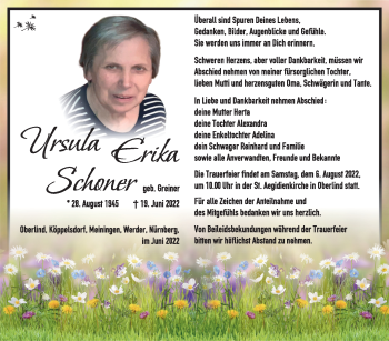 Traueranzeige von Ursula Schoner von Südthüringer Presse