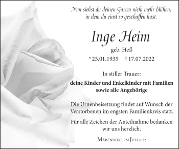 Traueranzeige von Inge Heim von Südthüringer Presse