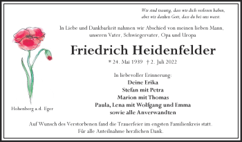 Traueranzeige von Friedrich Heidenfelder von Frankenpost