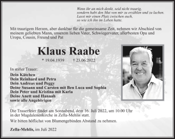 Traueranzeige von Klaus Raabe von Südthüringer Presse