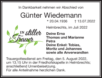 Traueranzeige von Günter Wiedemann von Frankenpost