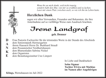 Traueranzeige von Irene Landgraf von Südthüringer Presse