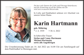 Traueranzeige von Karin Hartmann von Südthüringer Presse