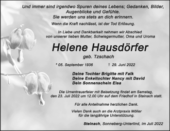 Traueranzeige von Helene Hausdörfer von Südthüringer Presse