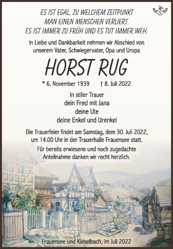 Traueranzeige von Horst Rug von Südthüringer Presse