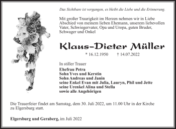Traueranzeige von Klaus-Dieter Müller von Südthüringer Presse