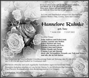 Traueranzeige von Hannelore Ruhnke von Südthüringer Presse