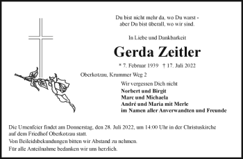Traueranzeige von Gerda Zeitler von Frankenpost