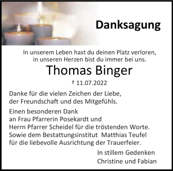 Traueranzeige von Thomas Binger von Neue Presse Coburg