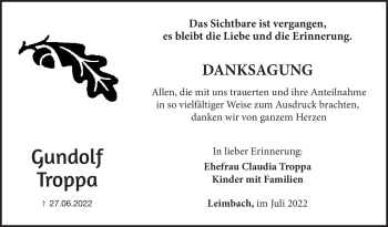 Traueranzeige von Gundolf Troppa von Südthüringer Presse