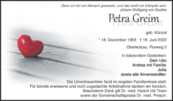 Traueranzeige von Petra Greim von Frankenpost