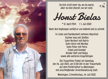 Traueranzeige von Horst Bielas von Südthüringer Presse