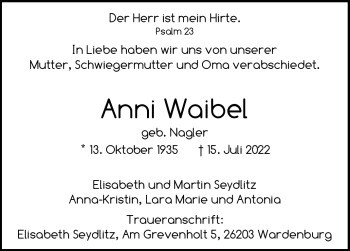 Traueranzeige von Anni Waibel von Frankenpost