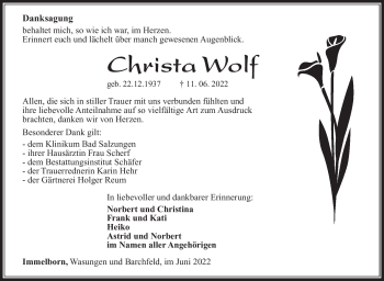 Traueranzeige von Christa Wolf von Südthüringer Presse