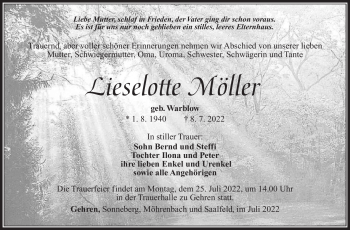 Traueranzeige von Lieselotte Möller von Südthüringer Presse