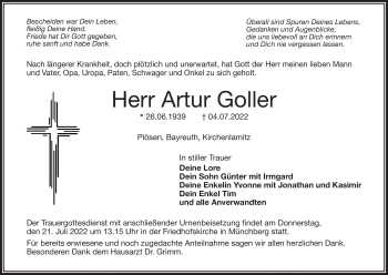 Traueranzeige von Artur Goller von Frankenpost