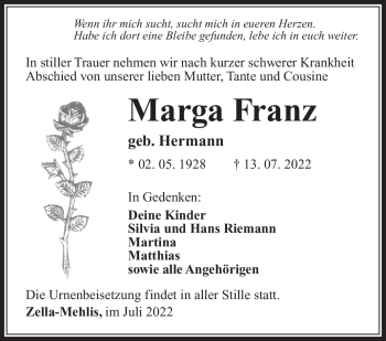 Traueranzeige von Marga Franz von Südthüringer Presse