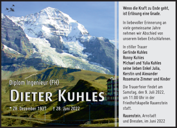 Traueranzeige von Dieter Kuhles von Südthüringer Presse