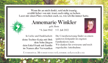 Traueranzeige von Annemarie Winkler von Südthüringer Presse