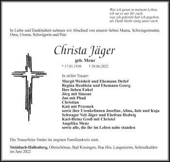 Traueranzeige von Christa Jäger von Südthüringer Presse