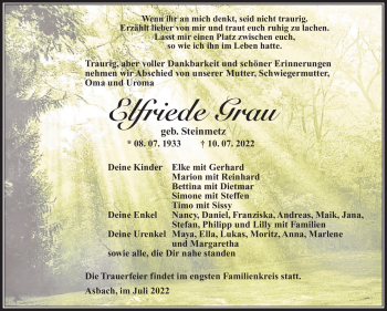 Traueranzeige von Elfriede Grau von Südthüringer Presse