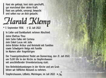 Traueranzeige von Harald Klemp von Südthüringer Presse