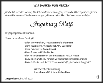 Traueranzeige von Ingeburg Reiß von Südthüringer Presse