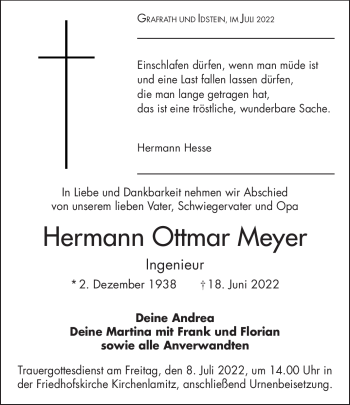 Traueranzeige von Hermann Ottmar Meyer von Frankenpost