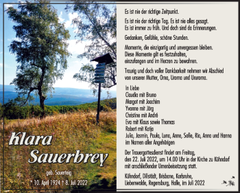 Traueranzeige von Klara Sauerbrey von Südthüringer Presse