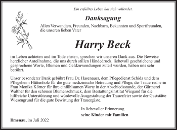Traueranzeige von Harry Beck von Südthüringer Presse