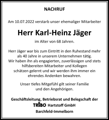 Traueranzeige von Karl-Heinz Jäger von Südthüringer Presse