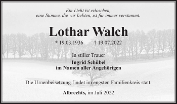 Traueranzeige von Lothar Walch von Südthüringer Presse