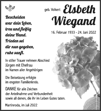 Traueranzeige von Elsbeth Wiegand von Südthüringer Presse