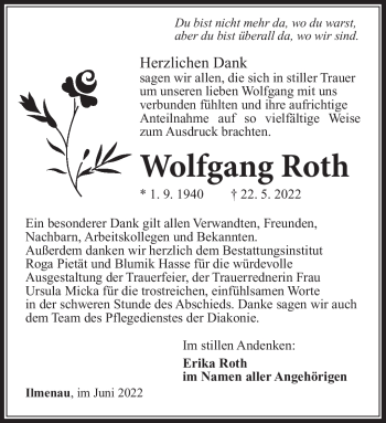 Traueranzeige von Wolfgang Roth von Südthüringer Presse