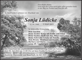 Traueranzeige von Sonja Lüdicke von Südthüringer Presse
