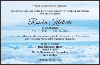 Traueranzeige von Rosika Klotsche von Südthüringer Presse