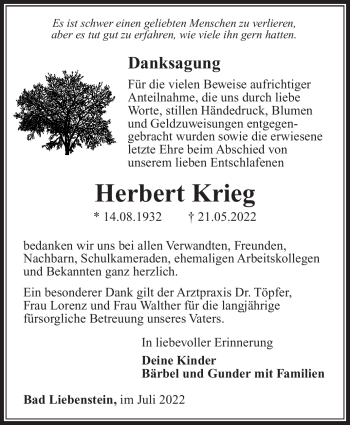 Traueranzeige von Herbert Krieg von Südthüringer Presse