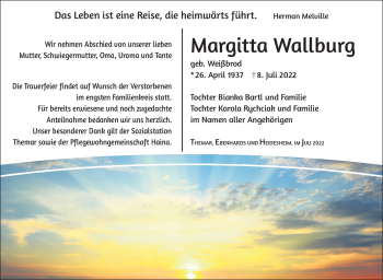 Traueranzeige von Margitta Wallburg von Südthüringer Presse