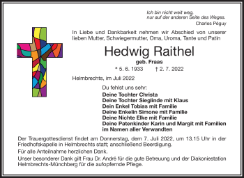 Traueranzeige von Hedwig Raithel von Frankenpost