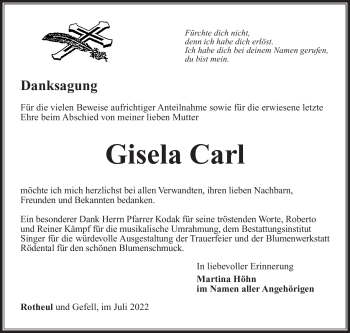Traueranzeige von Gisela Carl von Südthüringer Presse